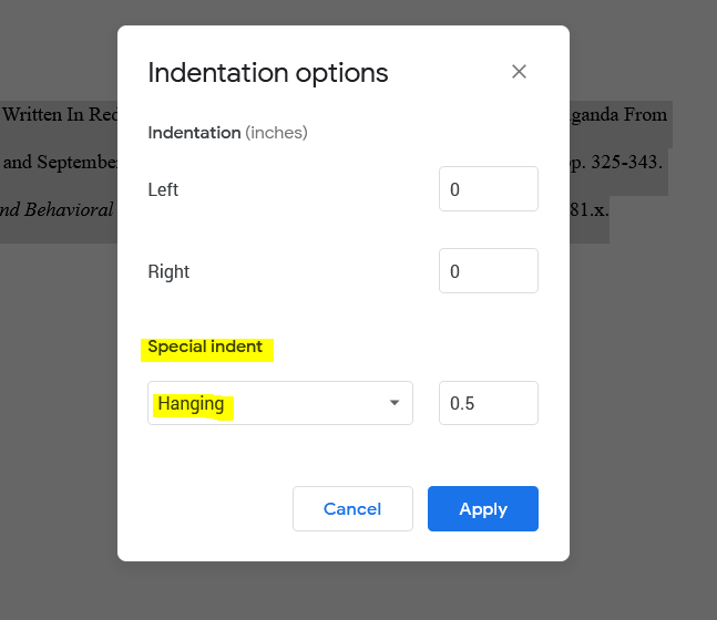 how to do hanging indent on google docs